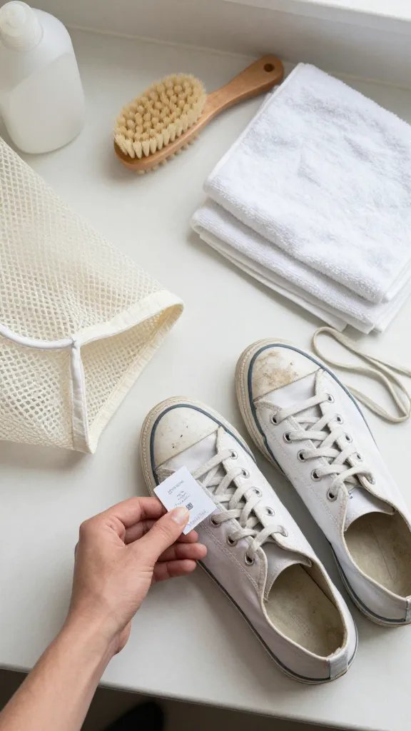 Overhead shot of a pair of dirty white canvas tennis shoes on a clean, light-colored laundry room counter next to a clearly visible care label tag being held open by a hand. Surrounding items: a mesh laundry bag partially open, two white towels folded, a soft-bristle brush with a little dried mud on it, a small bottle of mild liquid detergent, and shoe laces coiled neatly. Soft natural light, minimal shadows, neutral background, no text, realistic style.