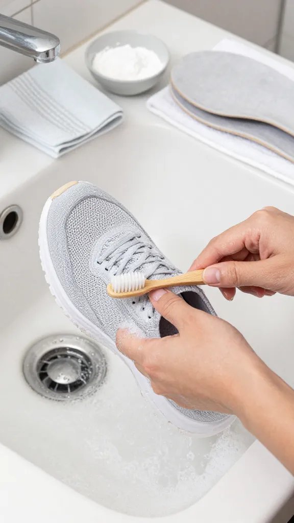 Close-up scene of hand-washing: a sink filled with lukewarm, slightly soapy water, with one mesh-knit sneaker (light gray) being gently scrubbed with a soft toothbrush around the outsole and toe cap. Nearby on the counter: a microfiber cloth, baking soda in a small bowl, and removable insoles laid flat to air-dry on a towel. Emphasize careful cleaning technique and delicate materials. Bright, clean bathroom setting, no text, realistic photography style.