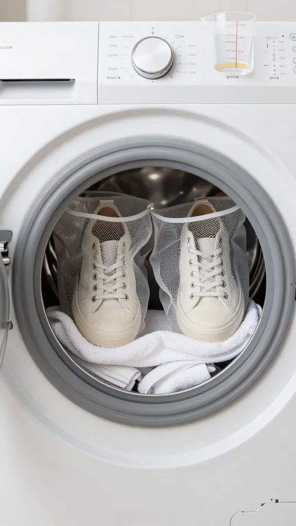 Laundry-safe setup for machine washing: two light-colored mesh laundry bags each containing a single canvas sneaker, placed in a front-loading washer drum with several white bath towels to balance the load. The washer door is open to show placement. On top of the machine: a measuring cup with a small amount of liquid detergent, and a setting dial visibly pointing to “cold” and “gentle” (no words visible, just iconography). Modern laundry room, soft daylight, clean aesthetic, no text, realistic style.