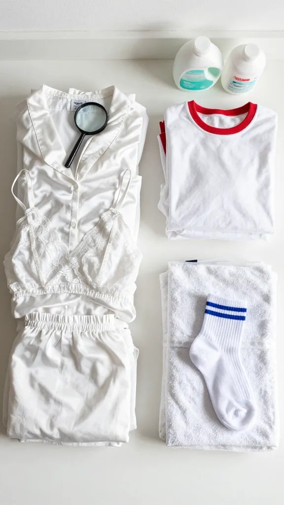 Overhead shot of a bright, organized laundry setup on a clean white countertop: two distinct piles of white clothes side by side—one of delicate items like a silk blouse and lace camisole, the other of heavy items like towels and athletic socks. Nearby, a third small pile of “mostly white” items with colored trims (a white tee with red collar, white socks with blue stripes) clearly separated. Include a magnifying glass over a care label showing heat icons, a mesh delicates bag, and separate detergent/oxygen bleach containers. Neutral daylight, crisp, high contrast, no text.