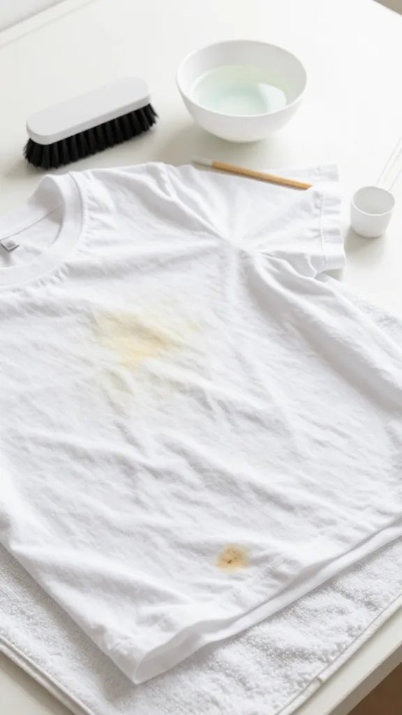 Close-up scene of someone inspecting a white T-shirt on a flat surface under natural light, with three labeled-by-context but text-free indicators: a slightly yellowed armpit area, a grey overall cast on the body of the shirt, and a small coffee-like spot near the hem. Surrounding tools: a soft brush, a small bowl of diluted oxygen bleach solution, a stain stick, and a measuring scoop. A white towel lies underneath as a work mat. Minimal color, clean aesthetic, no text.