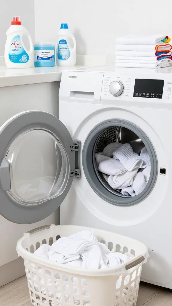 Modern laundry room vignette featuring a front-load washer mid-sort: open door with a load of heavy whites (towels, socks) ready to go, while a nearby laundry basket holds delicate whites in a mesh bag. On the counter, a bottle of enzyme detergent, a container of oxygen bleach powder, and a separate chlorine bleach bottle placed farther back (implying caution). A small stack of “danger items” (white garments with bright trims/prints) set apart. Bright, airy lighting, realistic textures, no text.