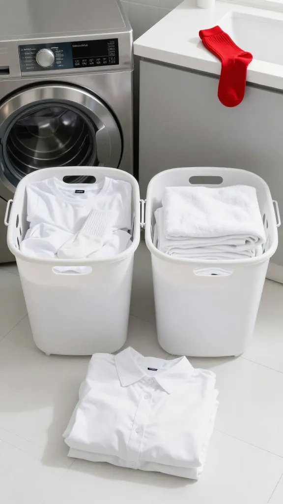 Overhead shot of a modern laundry room scene: two laundry baskets side by side on a clean white tile floor, one labeled visually by contents only with pure white items (crisp white tees, socks, sheets neatly folded) and the other with heavy white towels only; a third small pile of smooth white blouses set apart on the floor to show separation by fabric weight; a stainless steel front-load washer open in the background; a stray bright red sock sitting obviously on the counter to signal the “rogue sock” warning; bright natural light, minimalistic style, high contrast, no text.