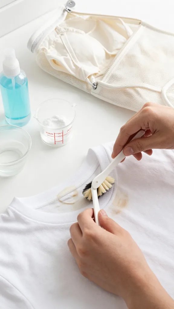 Close-up, process-focused composition on a white countertop: a pair of hands pre-treating a dingy white T-shirt collar with a stain-removal gel using a soft brush; nearby are small clear measuring cups with liquid detergent and oxygen bleach powder, a spray bottle of enzyme pre-treater, and a small bowl of warm water; in the background, a white mesh laundry bag containing delicate white lingerie partially zipped; clean, clinical lighting emphasizing texture and cleanliness, no text.
