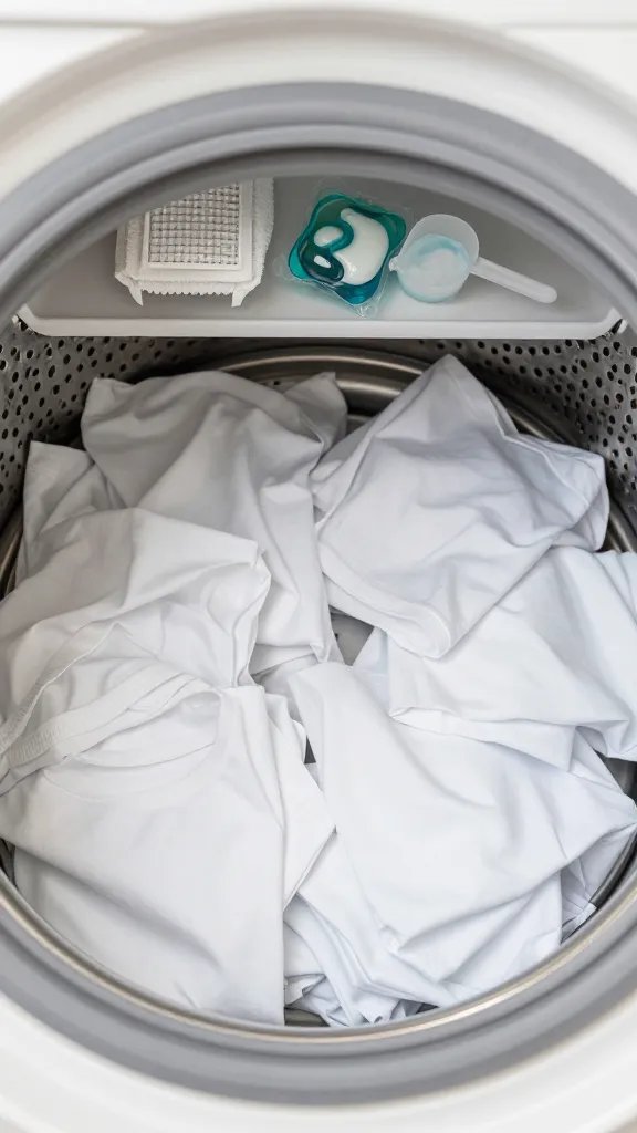 Inside-washer viewpoint looking out: a drum filled only halfway with pure white items of similar weight (white tees and pillowcases only), evenly spaced; a high-efficiency detergent pod and a scoop of oxygen bleach on the shelf nearby in soft focus; the machine’s lint trap/filter component off to the side on a towel, visibly clean; cool, bright lighting with stainless steel reflections, emphasizing “whites-only” and proper load size; no color garments anywhere, no text.
