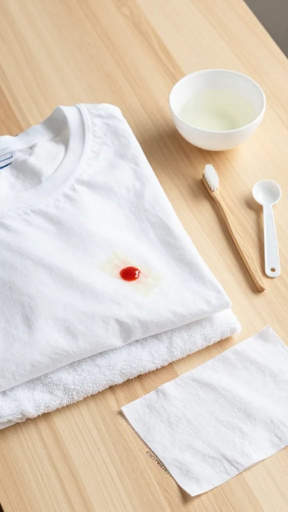A laundry prep setup on a light wooden table: a white T-shirt with a faint ketchup stain marked off with painter’s tape, a white towel underneath for support, and nearby tools arranged neatly—soft-bristle toothbrush, small bowl of diluted detergent, measuring spoon, and a “test swatch” of white fabric set aside. Clean, airy composition, natural daylight, realistic photography. No text.