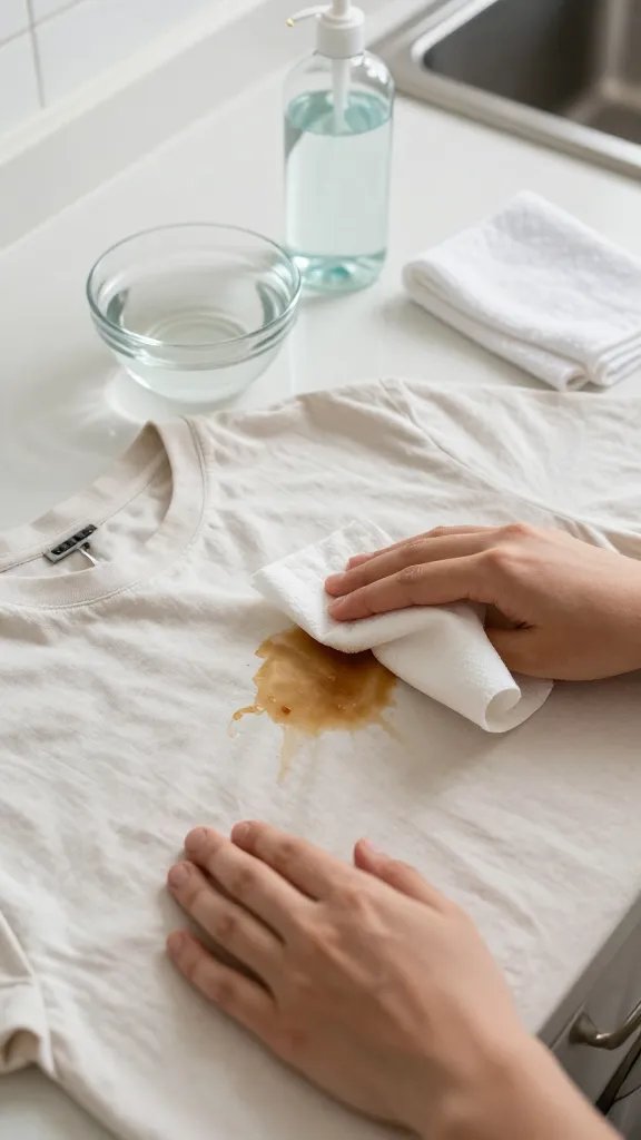 Close-up of a light-colored cotton t-shirt on a clean kitchen countertop with a fresh brown coffee drip stain near the chest area. A person’s hands are gently blotting the stain with a white paper towel from the outside inward. Nearby on the counter: a small clear glass bowl of cold water, a clear bottle of unscented dish soap with a drop poised on a spoon, and a soft white microfiber cloth. Bright natural daylight, soft shadows, minimalist, realistic photography style, no text.