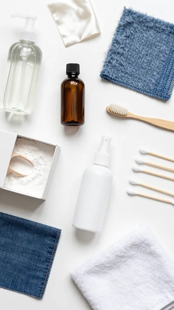 Flat lay of a neatly arranged DIY stain-remover kit on a white surface: clear dish soap in a transparent pump bottle, a small brown glass bottle labeled by color only (amber) to imply hydrogen peroxide, a box-like container of baking soda partially open with a small wooden scoop, a clean soft-bristle toothbrush, a white spray bottle with a fine mist nozzle, cotton swabs, and a folded white towel. Include fabric swatches labeled by texture only (silk, wool, denim, cotton) using visual cues: shiny satin square, fuzzy knit, blue twill, plain white weave. Bright even lighting, high-resolution product photography look, no text.