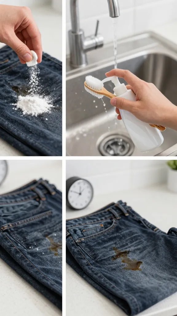 Step-by-step scene on a laundry room counter showing a greasy food stain on dark denim jeans. Panel-like composition in one image: 
- Left section: a hand sprinkling baking soda directly onto the dark stain.
- Middle section: a hand adding a few drops of clear dish soap and gently scrubbing with a soft toothbrush to create a light foam.
- Right section: jeans resting with a visible dampened area and a timer/clock nearby to imply a short wait, plus a stainless sink with running cold water ready to rinse. Clean, realistic style, neutral tones, crisp focus, no text.
