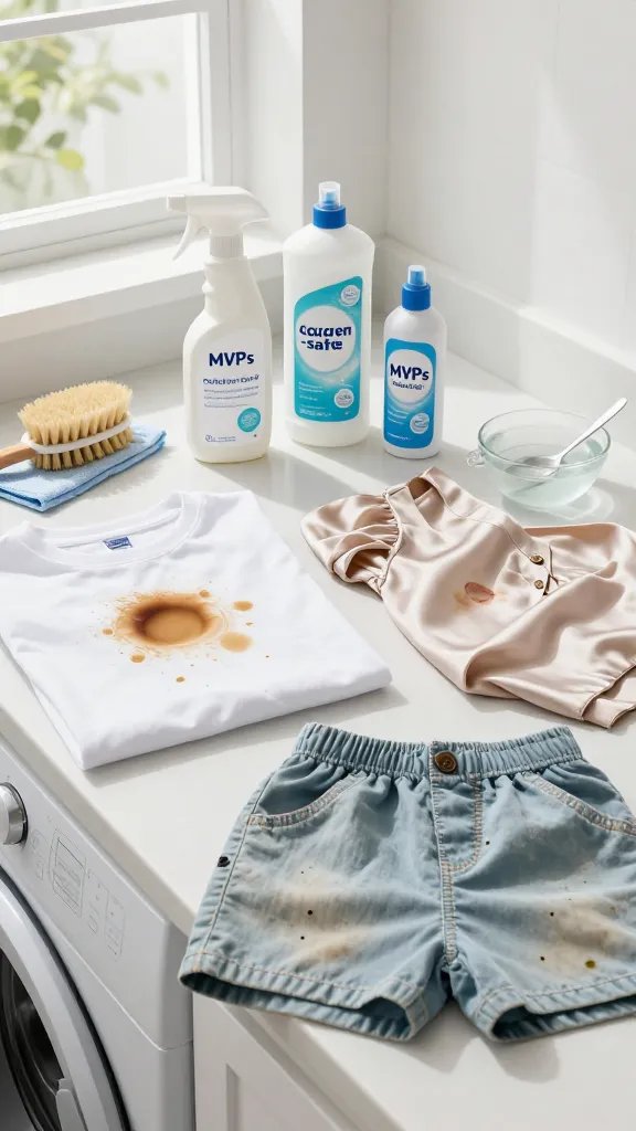 A bright, well-lit laundry room countertop scene with three labeled stain-removal “MVPs” arranged neatly: an enzyme spray bottle, an oxygen bleach tub labeled “color-safe,” and a small grease-cutting dish soap bottle. Surround them with realistic props indicating stain types: a white cotton T-shirt with a fresh coffee ring, a silk blouse with a faint lipstick/oil smudge, and a pair of kids’ grass-stained shorts. Include a soft-bristle brush, a clean microfiber cloth, and a small bowl of cold water with a spoon. Natural daylight from a window, clean modern aesthetic, no text on products, high detail.
