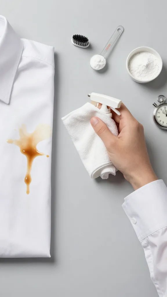 A step-by-step style top-down shot on a neutral background showing quick-response stain treatment: left side shows a white cotton dress shirt sleeve with a fresh coffee spill; center shows blotting with a clean cloth and a small spray mist of stain remover; right side shows the shirt cuff after treatment, noticeably improved. Include small tools: a soft toothbrush, a measuring spoon with powdered oxygen bleach near a bowl, and a timer/stopwatch prop to imply speed. Keep composition tidy and realistic, no text labels.