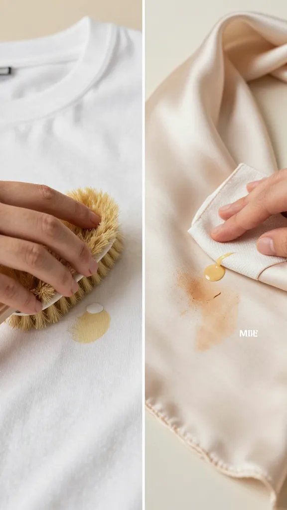 A side-by-side fabric care comparison: on the left, a sturdy cotton T-shirt being gently scrubbed with a soft brush and a dab of liquid detergent on a grass stain; on the right, a delicate silk scarf laid flat with a localized oil-based makeup smudge being treated by carefully dabbing with a cloth and a tiny drop of mild stain remover. Subtle captions implied by actions only (no text). Warm, natural light, close-up macro detail of fabric textures to emphasize “cotton loves scrubbing” vs “silk treated like a diva,” minimalist background.