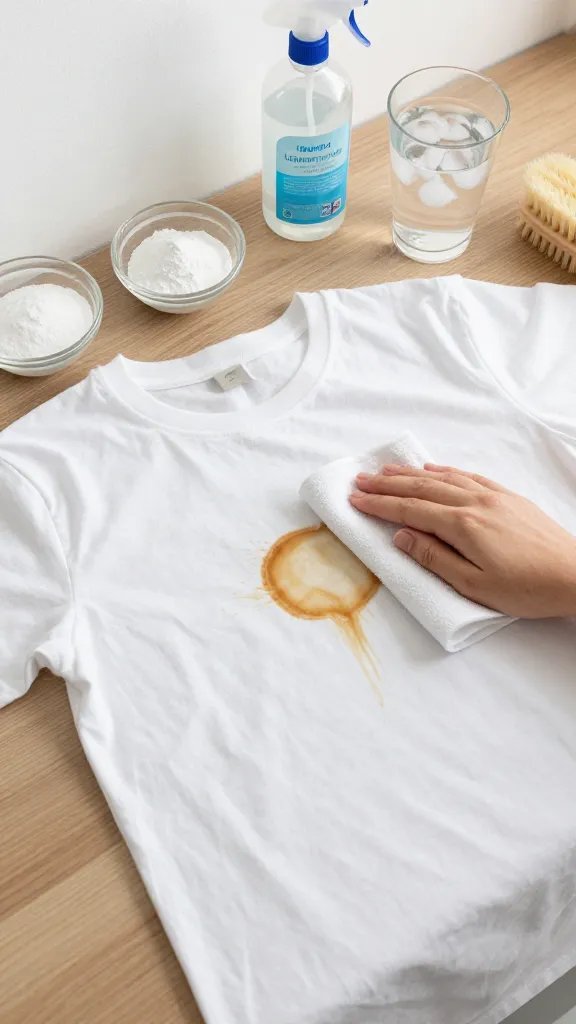Overhead shot of a bright, tidy laundry room workspace: white cotton T-shirt laid flat on a wooden surface with a fresh coffee stain in the center, a clean white cloth gently blotting from the edge of the stain, nearby small bowls containing baking soda, liquid dish soap, and hydrogen peroxide, a labeled spray bottle with a clear liquid, a cup of cold water with ice cubes, and a soft-bristle brush; natural daylight, clean minimal aesthetic, no text.