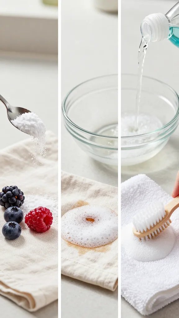 Step-by-step scene arranged left-to-right on a neutral countertop: close-up of a teaspoon of baking soda being sprinkled over a fresh berry stain on a light fabric, next panel shows a measured stream of 3% hydrogen peroxide mixing with clear dish soap in a small glass bowl, final panel shows a soft toothbrush lightly working the foamy mixture into the stain while the fabric rests on a clean white towel; crisp, high-resolution, bright kitchen lighting, no text.