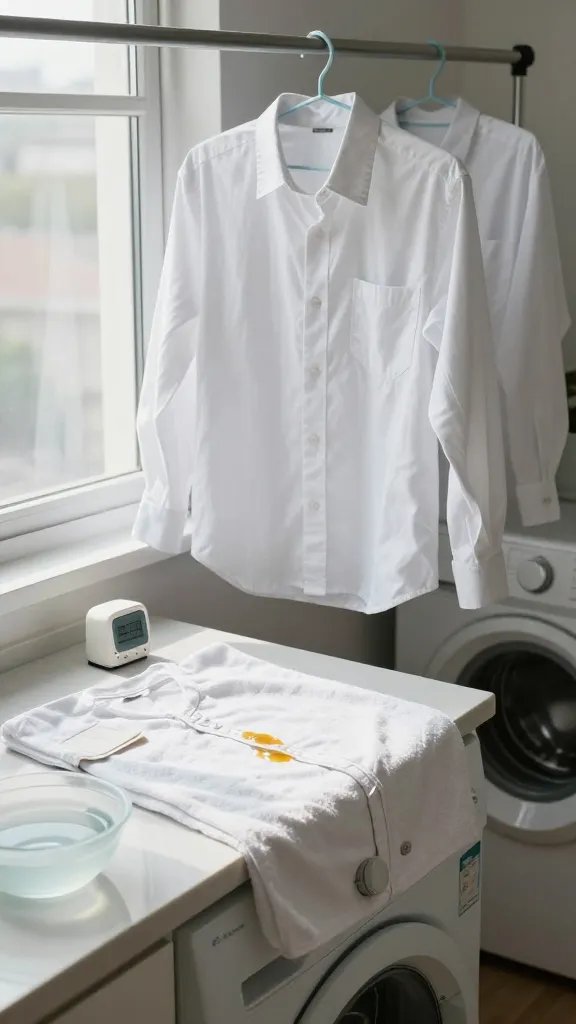 Practical reminder composition: a rack with two shirts—one air-drying on a hanger near a sunny window and another still damp laid flat on a towel—nearby a washing machine with the door open; on the counter sit a timer, a small test swatch of fabric with a drop of solution on an inside seam, and a bowl of cold water; mood is calm, organized, and instructive with natural light and soft shadows, no text.