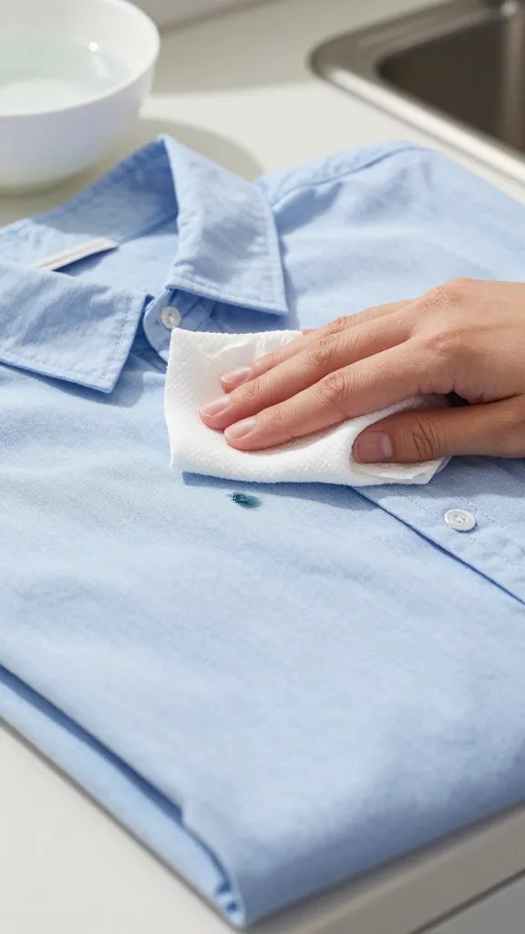 A close-up, well-lit scene of a person quickly blotting a fresh dark grease spot on a light-blue cotton shirt with a white paper towel, on a kitchen counter. Include a small bowl of cool water nearby, a laundry care tag visible on the shirt edge, and soft natural daylight. Emphasize the texture of the shirt fabric and the subtle sheen of the grease without smearing, no text.