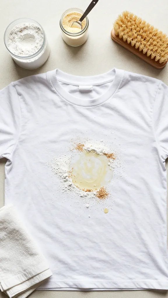 Overhead shot of a neutral countertop with a white T-shirt laid flat, a visible fresh grease stain in the center sprinkled generously with baking soda and cornstarch. Include open containers of baking soda and cornstarch with small measuring spoons, a soft brush nearby, and a folded clean cloth off to the side. Bright, clean lighting and high detail on the powder absorbing oil, no text.
