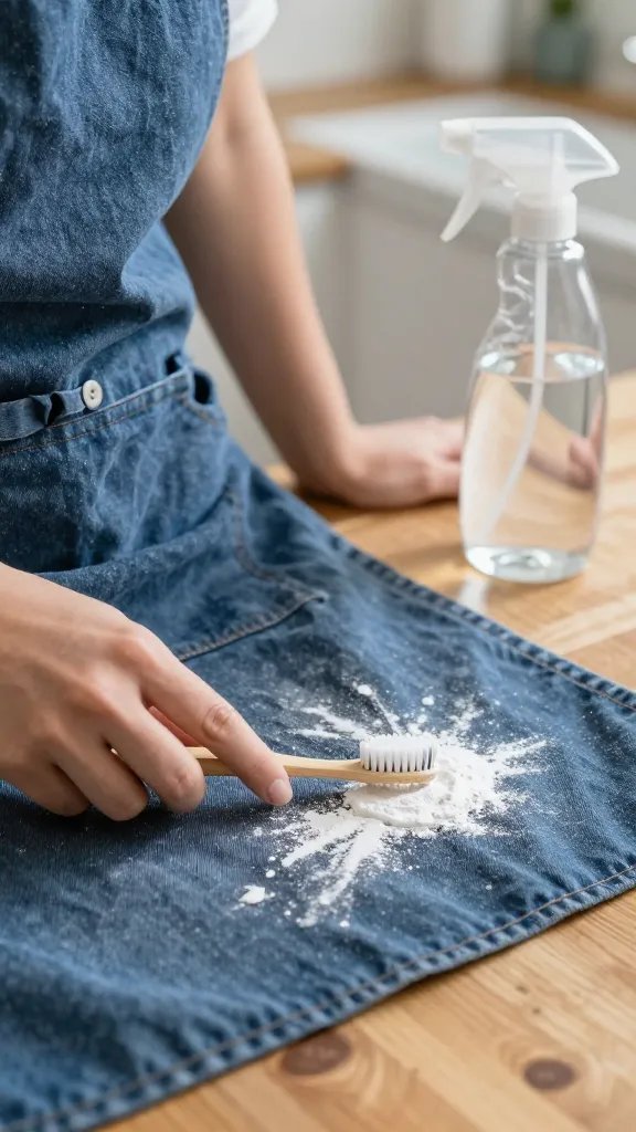 Step-by-step feel in one frame: a mid-tone denim apron with a visible grease spot on a wooden table, half covered in talc powder; a toothbrush gently working the powder on one edge; a clear spray bottle labeled only by its look (no text) filled with cool water nearby; and a bottle of clear dish soap uncapped in the background. Natural daylight, realistic textures, no text.