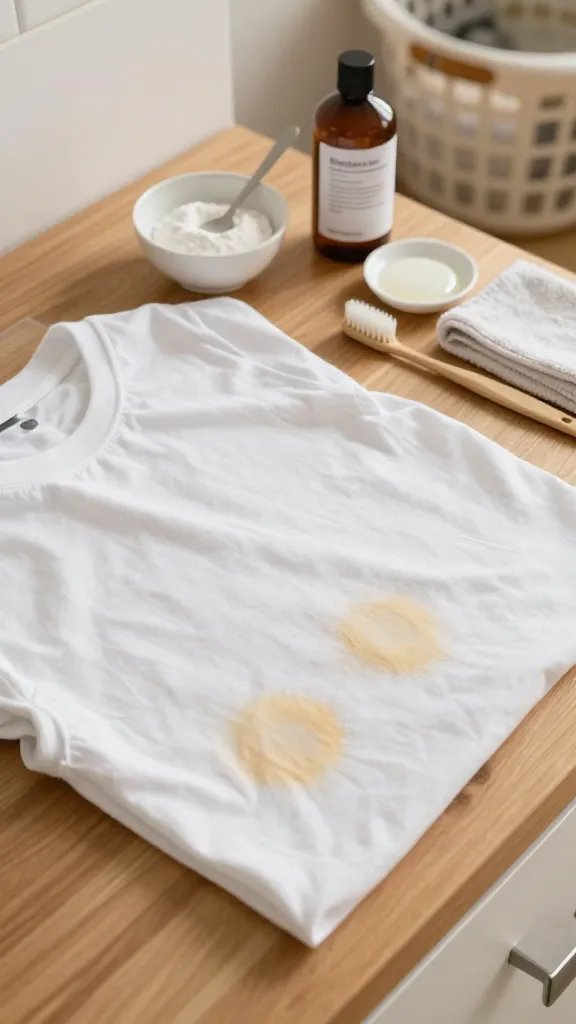 A close-up, overhead shot of a white cotton T-shirt laid flat on a wooden laundry counter, with pronounced yellow armpit stains visible on both underarm areas; beside the stains are household cleaning items arranged neatly: a small bowl of baking soda paste with a spoon, a brown bottle labeled as hydrogen peroxide (no readable text in image), a small dish of white vinegar, a soft-bristle toothbrush, and a clean microfiber cloth; warm natural light from the side, soft shadows, clean minimal background with a laundry basket blurred in the back.