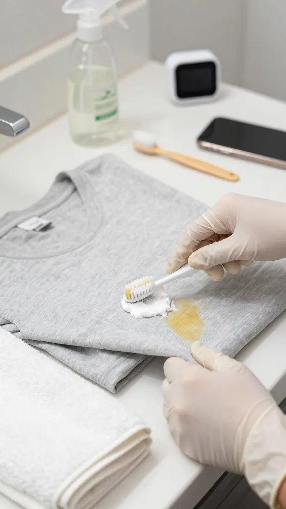 Step-by-step styled scene on a bathroom counter: a person’s hands wearing nitrile gloves applying a baking soda and hydrogen peroxide paste to the yellow underarm area of a light gray T-shirt with a soft toothbrush; the fabric is slightly lifted on a folded towel to prevent bleed-through; in the background are a spray bottle (vinegar), a measuring spoon, and a timer/phone showing a countdown; bright, even lighting, focus on the texture of the paste and the stained fibers.