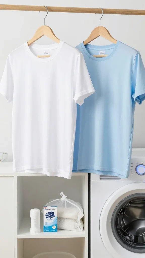 Preventive care setup in a bright laundry room: two T-shirts hanging side by side on wooden hangers—one white and one pastel blue—both freshly washed with no stains; beneath them on a shelf are an aluminum-free deodorant stick (no brand text), a box of oxygen bleach powder, and a mesh laundry bag; a washer with the door open shows the “cold wash” setting lit; airy, clean aesthetic, soft morning light, emphasizing a “before it happens” vibe without any on-image text.