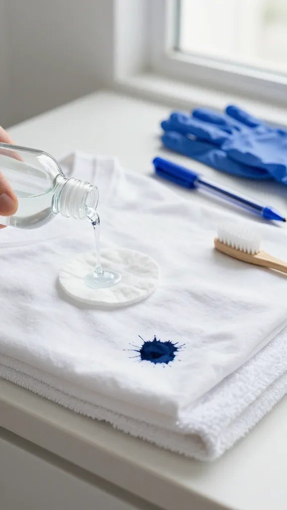 Close-up scene on a laundry room counter: a white cotton T-shirt laid flat over a folded white towel, with a fresh navy-blue ballpoint ink blot near the hem. A clear bottle of rubbing alcohol is tipped, dripping onto a cotton pad pressed against the stain, with a small translucent halo spreading in the fabric. Nearby: a blue ballpoint pen with its cap off, a pair of nitrile gloves, and a soft-bristle toothbrush. Bright natural window light, neutral background, no text.