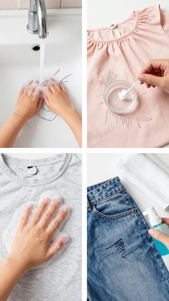 Side-by-side vignette of three labeled-by-context setups (no text on image):
- Left: a kid’s washable marker drawing on a light-gray tee under a running faucet, sudsy liquid detergent being massaged in by fingertips.
- Center: a gel-ink scribble on a pastel blouse with a small dish of clear hand sanitizer being dabbed on with a cotton swab.
- Right: a ballpoint ink line on denim, a small spray bottle of isopropyl alcohol misting the spot while a clean white towel is tucked underneath to catch bleed-through. Consistent overhead lighting, clean household setting, soft shadows.