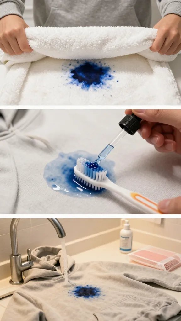 Step-by-step collage in three panels (no text):
- Panel 1: A person slips a thick white towel inside a stained hoodie to create a barrier beneath a dark blue ink blot.
- Panel 2: Close-up of a dropper applying clear solvent to the stain while a toothbrush gently agitates in small circles, blue dye lifting into foam.
- Panel 3: The hoodie under a running tap, then resting on the counter with the stain almost gone, a small bottle of enzyme detergent and a laundry mesh bag beside it. Warm, realistic lighting, high detail, clean composition.