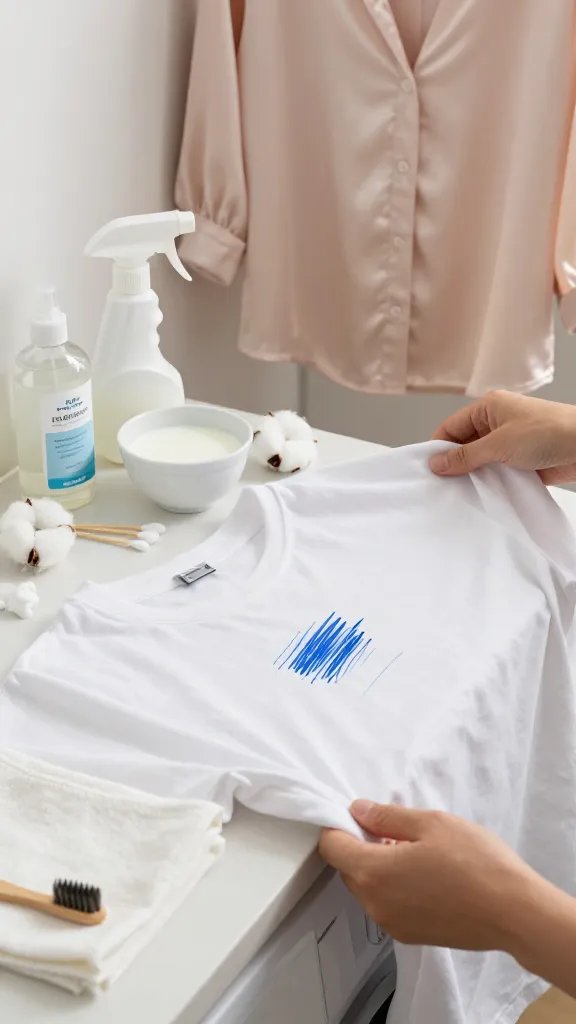 A close-up, well-lit laundry room scene: a person holds a white cotton T-shirt stretched over a flat surface, with a fresh blue ballpoint ink scribble near the hem. Nearby on the counter are common household items neatly arranged for stain removal: rubbing alcohol in a clear bottle, a small bowl of milk, a spray bottle of hairspray, cotton balls, cotton swabs, clean white cloths, and a soft-bristle toothbrush. A second garment (a silk blouse) hangs in the background to hint at fabric differences. Natural, clean aesthetic, no text, realistic photography style.