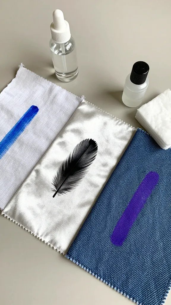 Side-by-side fabric swatches on a neutral tabletop under soft daylight: labeled visually by texture only (no text), one clearly cotton, one silky satin, one denim. Each swatch has a distinct ink mark type: a thick, slightly smeared blue ballpoint line on cotton, a deep black gel ink spot on satin with subtle feathering, and a bold purple permanent marker streak on denim. Nearby tools positioned thoughtfully: small bottle of isopropyl alcohol beside cotton, a gentle liquid detergent beside satin, and a tiny bottle of acetone/nail polish remover with cotton pads beside denim. Minimalist, macro product-photography feel.