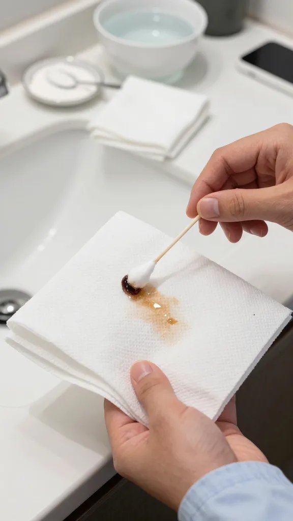 Action shot in a bathroom or kitchen counter: a hand places a folded white paper towel beneath a shirt sleeve while dabbing the top of a small gel ink stain with a cotton swab dipped in rubbing alcohol. The stain is beginning to transfer onto the paper towel below. Additional items in frame but out of primary focus: a spoon of baking soda paste in a small dish, a clean microfiber cloth, a bowl of cold water, and a timer/phone face-down to suggest “quick response.” Bright, realistic lighting, crisp detail, no text.