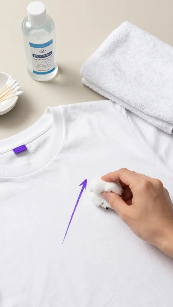 Overhead shot of a casual laundry-room setup: a white cotton T-shirt with a fresh purple Sharpie line on the chest, a hand holding a cotton ball dabbing rubbing alcohol on the stain with a folded white towel placed behind the fabric as a barrier. Include nearby items neatly arranged: a clear bottle of isopropyl alcohol, a small bowl, cotton swabs, paper towels, and a gentle liquid laundry detergent. Bright natural light, clean neutral background, realistic style, no text.