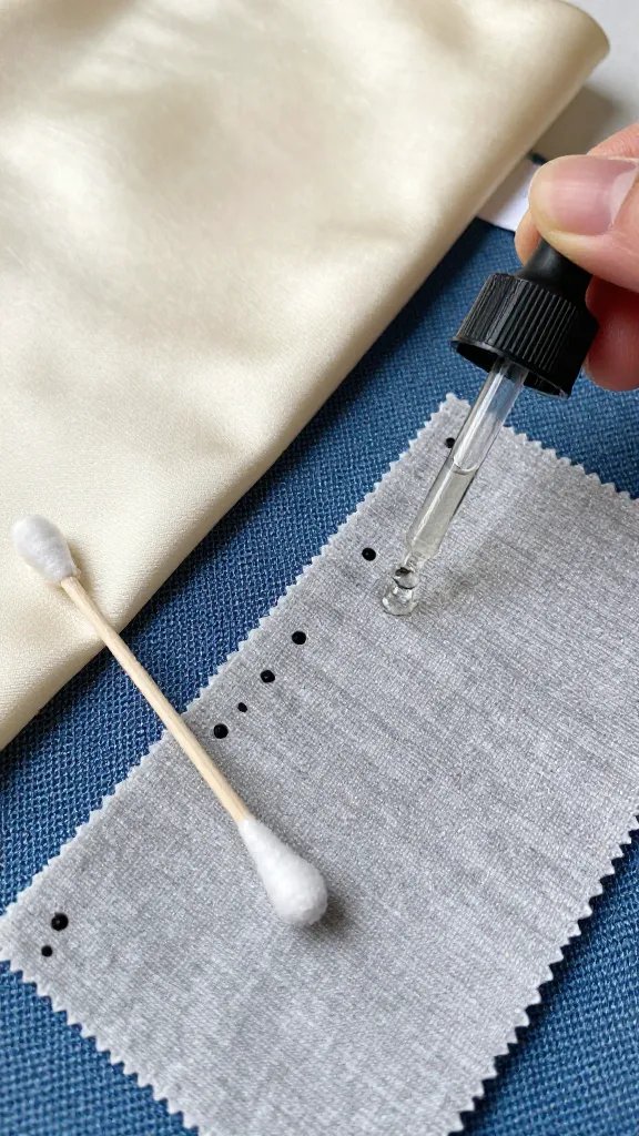 Close-up scene showing fabric-care decision-making: three fabric swatches labeled only by appearance—soft cream silk, mid-blue denim, and heather gray polyester—each with a small black Sharpie dot. A hand with a dropper hovers over the polyester swatch applying a tiny drop of alcohol, while the silk swatch sits aside with a separate cotton swab for spot testing. Include a garment care label tag peeking into frame. Soft diffused lighting, macro detail, high realism, no text.