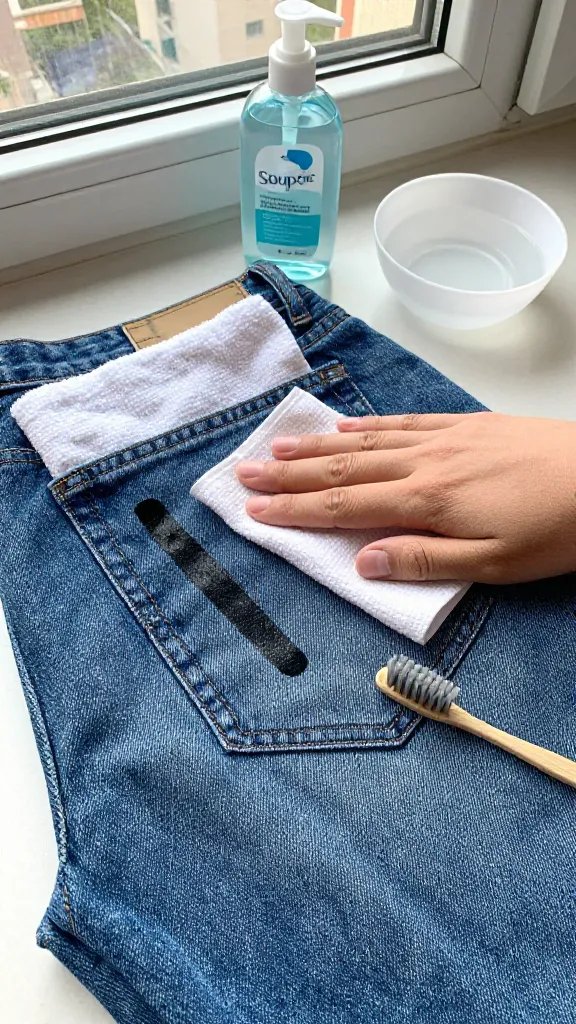 Action sequence on sturdy denim: a pair of jeans laid flat with a bold black Sharpie streak on a front pocket area, a white towel tucked underneath the stained section. A hand presses a clean cloth soaked with clear hand sanitizer onto the mark, with a small stiff-bristle toothbrush nearby for gentle agitation. Include an open bottle of hand sanitizer, a small bowl of cold water, and a ventilated window in the background. Natural daylight, crisp focus, documentary style, no text.