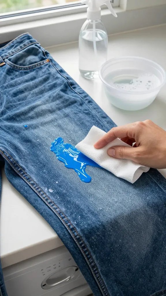 Close-up of a pair of mid-wash blue jeans on a laundry room counter with a fresh, semi-wet splash of bright blue acrylic/latex paint on the thigh. A person’s hand holds a white paper towel dabbing the edge of the stain while a clear spray bottle of water and a small plastic bowl of soapy water sit nearby. Good natural window light, realistic texture of denim, no text, clean composition focused on the stain and early cleanup.
