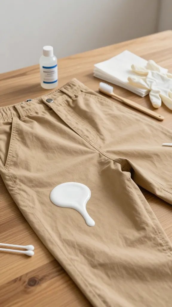 A tidy workspace scene: tan cotton work pants laid flat on a wooden table with a stubborn, glossy drip of white oil-based paint. Nearby are a small bottle of mineral spirits, cotton swabs, a soft-bristle toothbrush, and a pair of nitrile gloves, with a folded stack of paper towels. Neutral background, realistic lighting, emphasis on the tools and the paint’s shiny, oil-like texture.