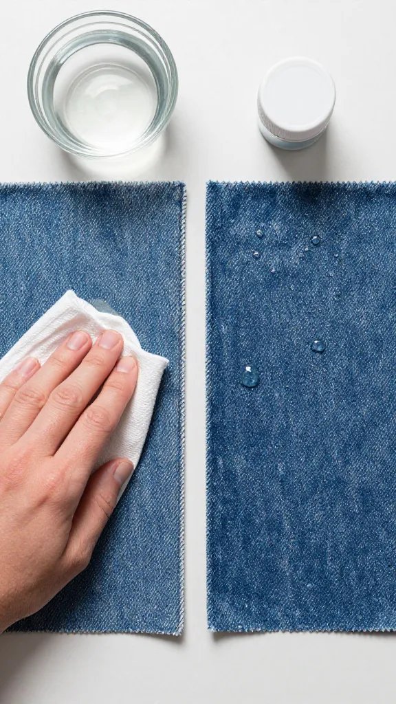 Side-by-side comparison concept on a neutral surface: two fabric swatches of denim. Left swatch shows water-based paint softening and smearing slightly as a hand uses a damp cloth; right swatch shows oil-based paint beading and resisting water with visible droplets. Include a small bowl of water and a separate closed container of solvent in the frame, clear visual contrast in paint behavior, no text.