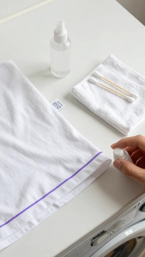 A bright, close-up flat lay on a laundry room counter: a white cotton T-shirt with a fresh purple permanent marker line on the hem; next to it a clothing care label showing “100% cotton” and wash symbols; a tiny spray bottle, cotton swabs, white microfiber cloth, and a small hidden inner hem being dab-tested with a drop of rubbing alcohol. Soft natural light, neutral background, no text.
