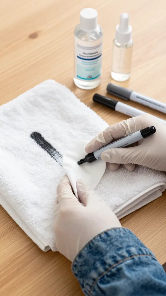 Step-by-step action scene on a wooden table: a mid-tone denim jacket sleeve with a black permanent marker streak; beneath it, a folded white towel as a blotter; a hand wearing a nitrile glove gently dabbing the stain with a cotton pad soaked in 70% isopropyl alcohol; nearby, non-acetone nail polish remover, alcohol-based hairspray, and a dry-erase marker uncapped. Crisp, high-detail, realistic lighting, no text.