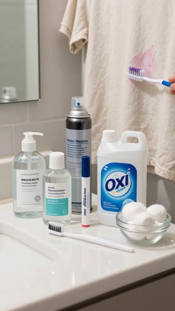 A bathroom counter vignette showing the “rescue kit”: neatly arranged bottles of rubbing alcohol, non-acetone polish remover, a can of hairspray, an uncapped dry-erase marker, an Oxi cleaner tub, cotton balls, a soft-bristle toothbrush, and a small glass bowl; in the background, a light-colored T-shirt with a faint marker ghost being treated with a toothbrush at the stain edge. Clean, modern aesthetic, soft daylight, no text.