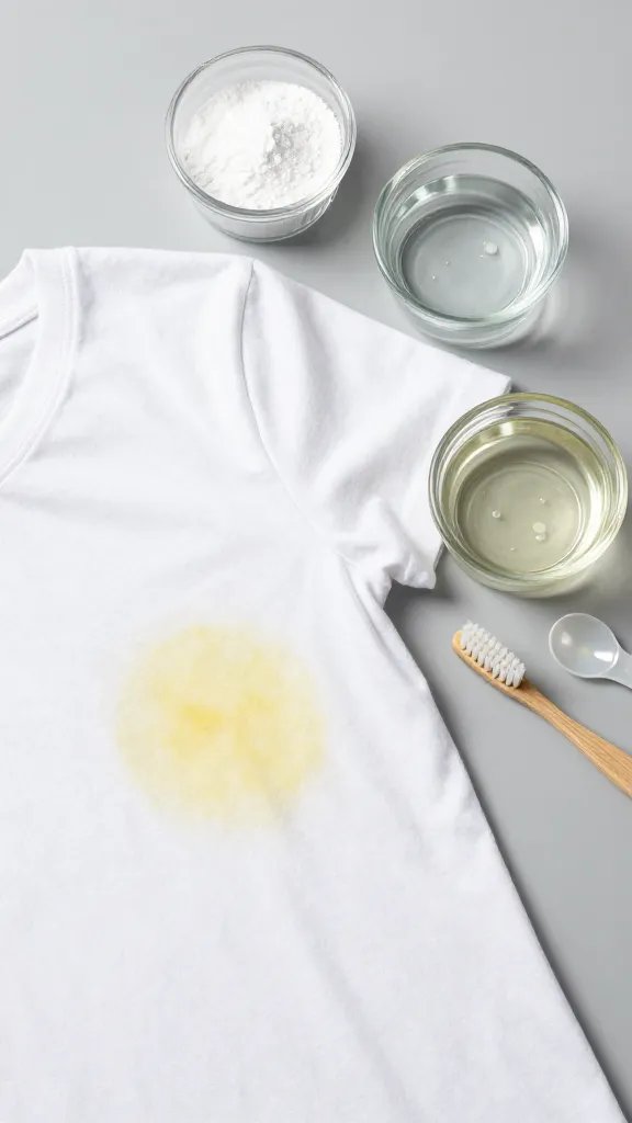 Close-up, well-lit overhead shot of a white cotton T-shirt on a neutral gray background, with a distinct yellow underarm stain on one side and the other side clean for contrast; next to the stained area are small clear glass ramekins labeled only by appearance (no text): one with white powder (baking soda), one with clear liquid (hydrogen peroxide), and one with light-colored liquid (dish soap), plus a soft-bristle toothbrush and measuring spoon; clean, modern, science-lab vibe with crisp shadows.