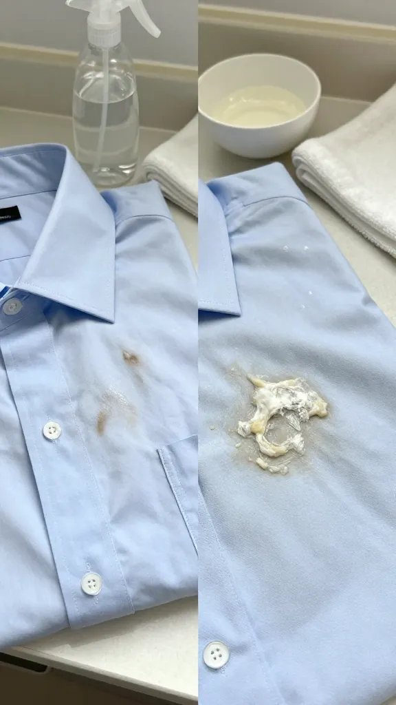 Split-scene image on a laundry room countertop: left side shows a dress shirt armpit with a dark fresh sweat patch on pale blue fabric; right side shows a close-up of a different shirt armpit with crunchy, whitish deodorant buildup clinging to fibers; include props that hint at treatment methods without text—spray bottle of water on the left, a small bowl of warmed white vinegar and a microfiber cloth on the right; natural daylight, realistic textures.