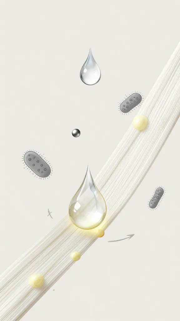 Illustrated cutaway-style macro scene showing the “why” behind yellow stains: fabric fibers magnified with droplets representing sweat and skin oils, round bacteria icons, and small metallic spheres symbolizing aluminum compounds from antiperspirant; subtle arrows indicating interaction and a gentle yellowing effect at the fiber junctions; clean, minimalist infographic aesthetic with neutral background and soft color palette, no words.