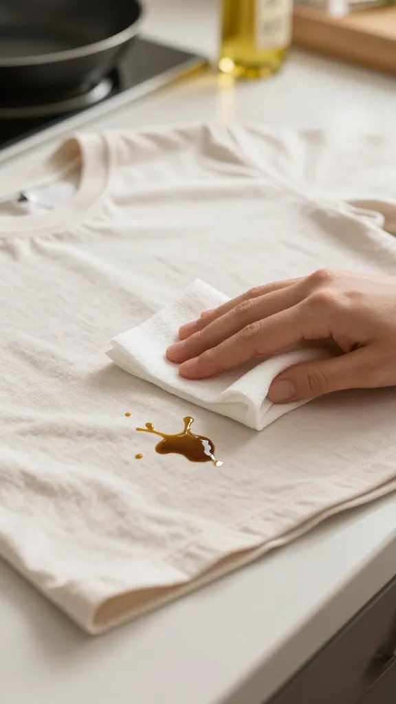 Close-up of a light-colored cotton T-shirt on a kitchen countertop with a fresh, dark oil splatter near the hem. A person’s hand gently dabbing the spot with a folded white paper towel, visible sheen of oil on the fabric, warm natural kitchen lighting, shallow depth of field, clean neutral background with a skillet and a bottle of cooking oil softly blurred.