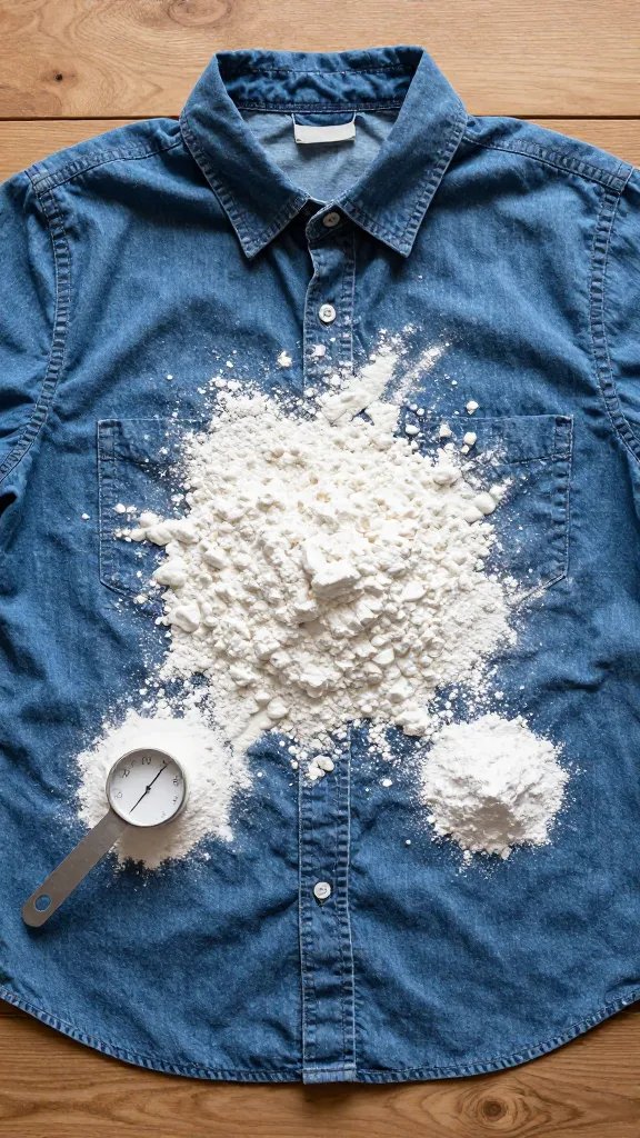 Overhead view of a medium-blue denim shirt laid flat on a wooden table. The oil-stained area is heavily covered with a generous mound of white cornstarch and a small pile of baking soda nearby with a measuring spoon. A timer or phone next to it showing 10–15 minutes, soft daylight, crisp textures of powder granules visible, no text.