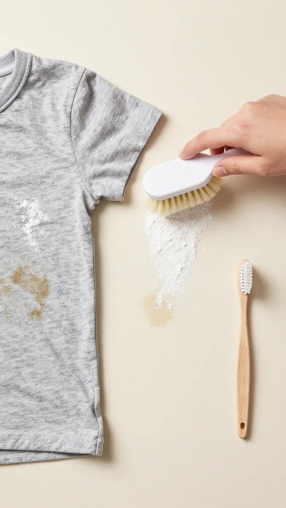 Step progression scene on a neutral laundry-room surface: left side shows the oil-stained gray T-shirt sprinkled with baby powder; middle shows a hand using a soft-bristle brush to sweep off the powder; right side shows the stain visibly lighter and a small clear bottle of dish soap and an old toothbrush ready for pretreating. Even lighting, clean, realistic detail, no labels or text.