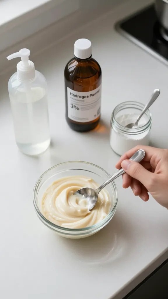 Overhead shot of a small glass bowl on a clean white countertop containing a creamy, pale paste being stirred with a spoon; next to it are labeled-looking but no actual text: a transparent squeeze bottle of clear dish soap, a brown glass bottle of hydrogen peroxide (3%) with the cap off, and a small open jar of baking soda with a teaspoon; soft natural kitchen light, minimal shadows, no text, modern cozy kitchen vibe.
