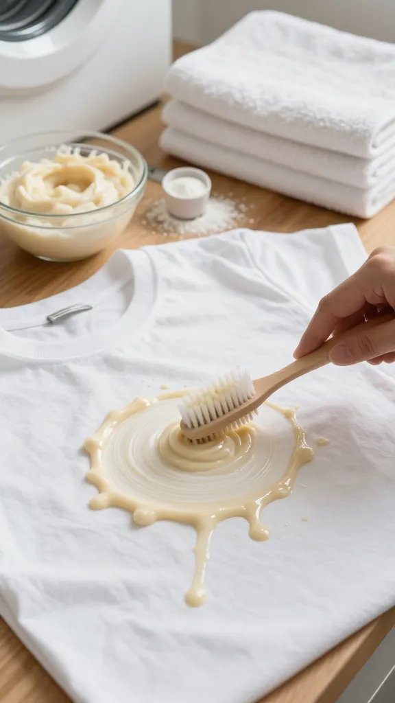 Process scene in a laundry room: a greasy pizza drip stain on a white t-shirt spread over a wooden board; the creamy stain remover paste dotted over the stain and lightly brushed in circular motions with a toothbrush; nearby are a bowl of the paste, a measuring spoon dusted with baking soda, and a neatly stacked pile of towels; warm, natural light, no text, realistic detail.