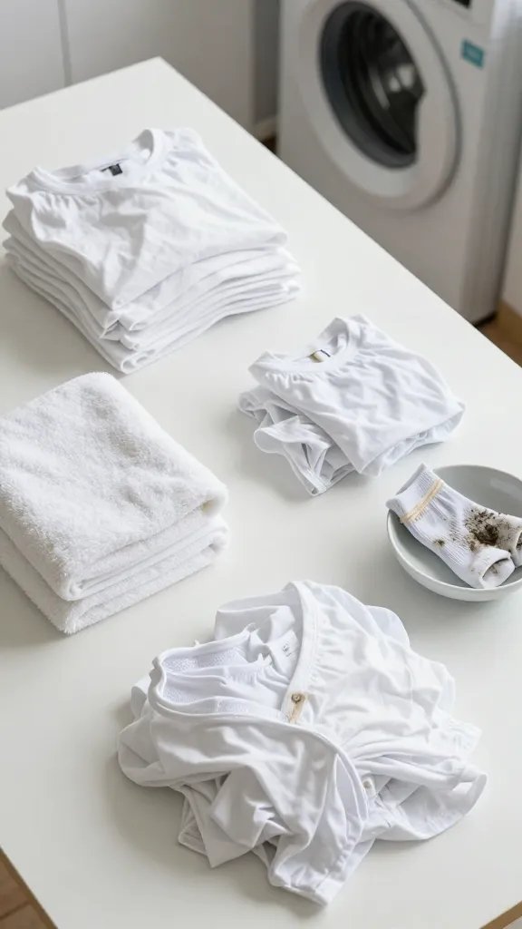 Overhead view of a laundry room workspace with three clearly labeled sorting piles on a clean white table: pile 1 is all-bright white cotton tees and undershirts; pile 2 is fluffy white towels; pile 3 is delicate white blouses and athletic synthetics. Nearby are two small bowls: one with muddy gym socks quarantined apart, another with lightly worn white tees. Close-up textures visible (cotton, terry, synthetic mesh), a modern front-load washer in the background, soft natural daylight, minimal, crisp aesthetic, no text.