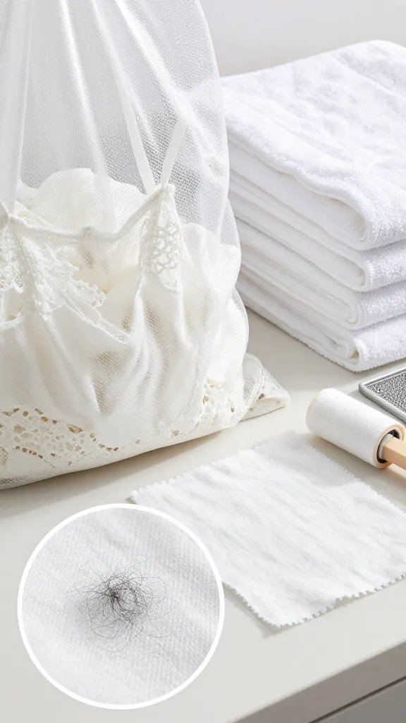 Close-up scene of a white mesh laundry bag partially filled with delicate white fabrics (lace camisole, sheer blouse) next to a separate stack of heavier white items (thick towels) on a pristine countertop. A magnified inset-style focus shows dark lint fibers on a white cotton swatch beside a contrasting perfectly clean swatch, with a lint roller and a fine-mesh filter tray nearby. Cool, bright lighting, high detail, clean editorial style, no text.